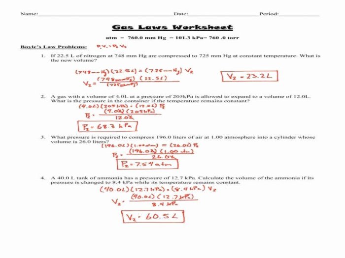 Boyle's law and charles' law worksheet answer key with work